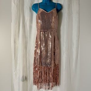 Rose Gold Sequin Mini Skirt Dress w Sequin Fringe & adjustable Spaghetti Straps